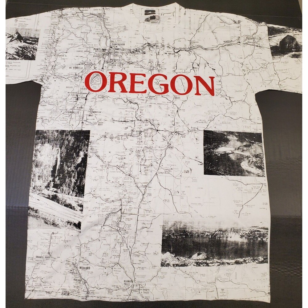 Oregon Road Map Graphic White  T Shirt Single Stitch Size L